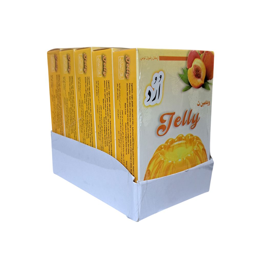 پودر ژله اُرُد طعم هلو 5 جعبه فروش به صورت تکی جعبه و یا کارتنی 48 عددی بر پایه شکر دارای سیب سلامت و مجوز های لازم تولید 09152020187 و 05137234606